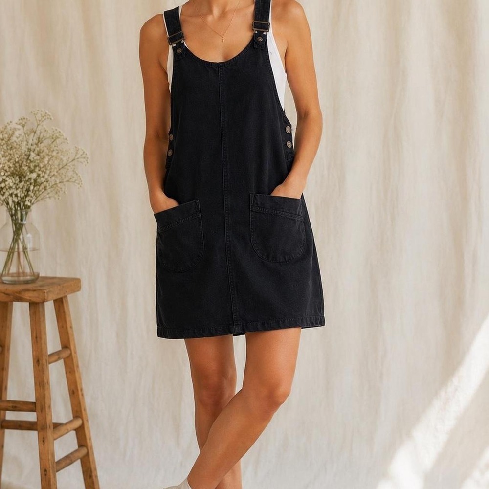 Reclaimed Vintage Black Denim Overall Shift Dress Patch Pocket Canvas